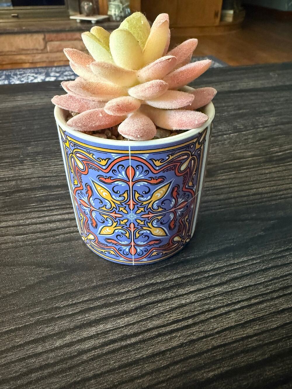 Faux Pink Flocked Succulent in Ceramic Talavera Style Pot